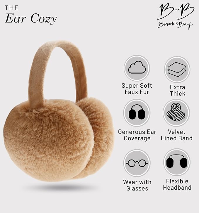Brook + Bay Foldable Faux Fur Earmuffs - Adjustable Velvet Lined Ear Warmers for Women, Men & Kids - Brown