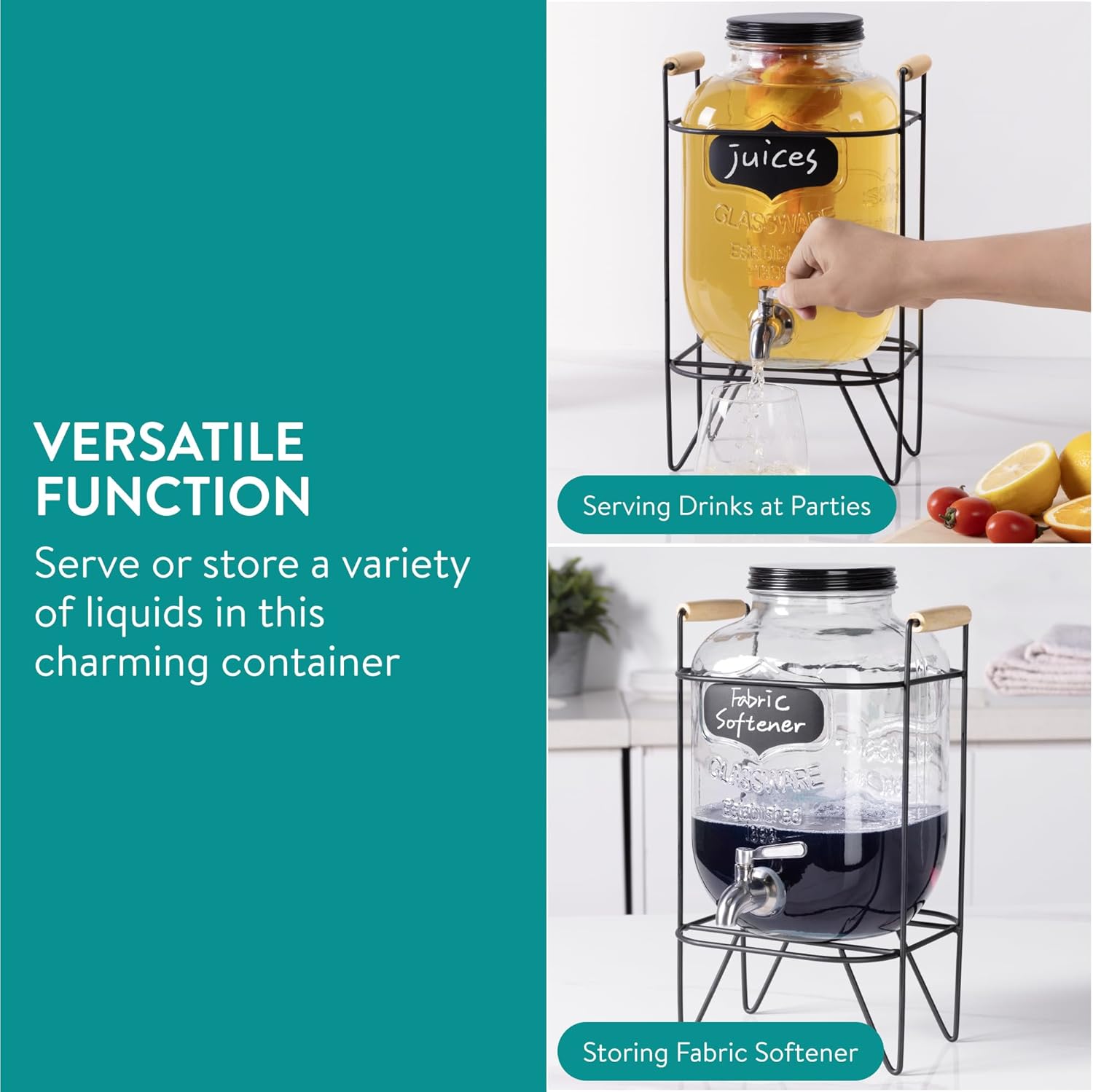 Navaris Glass Jar Drink Dispenser with Tap – 5L Beverage Dispenser with Metal Stand, Ice Tube & Fruit Infuser
