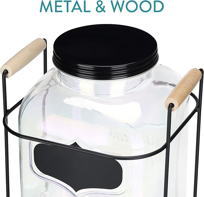Navaris Drinks Dispenser with Tap & Stand – 5L Rainbow Glass Beverage Dispenser with Stainless Steel Tap & Metal Wire Stand