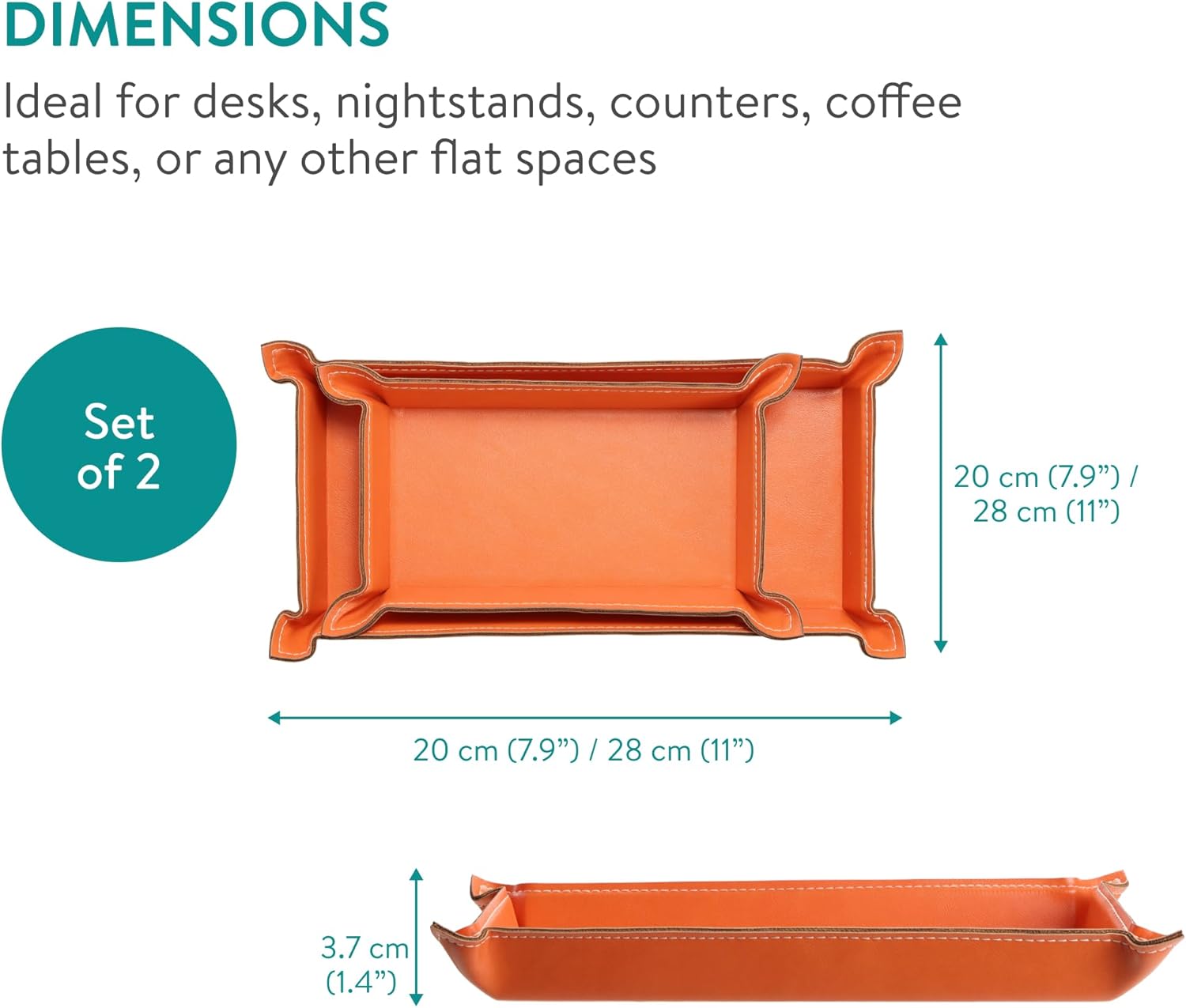 Navaris PU Leather Tray Set - 2 Piece Valet Tray & Trinket Organizer - Key, Watch, Jewelry & Desk Storage Tray Set - Orange