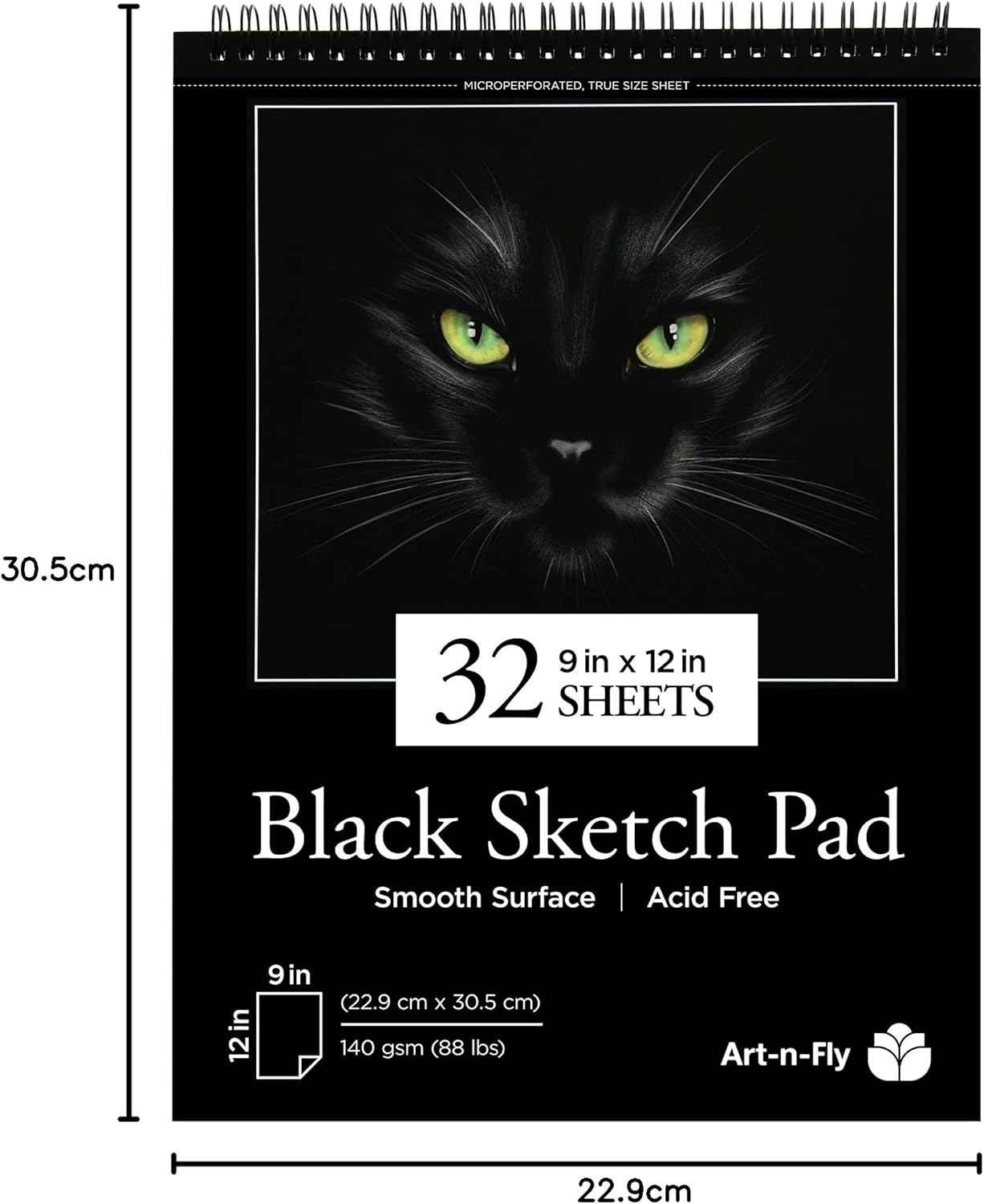 ArtNFly Black Sketch Pad 9" x 12", 32 Sheets, 88 lb Spiral Bound Black Drawing Paper Sketchbook with Perforated Pages for Colored Pencils, Graphite, Charcoal, Pastels & Gel Pens