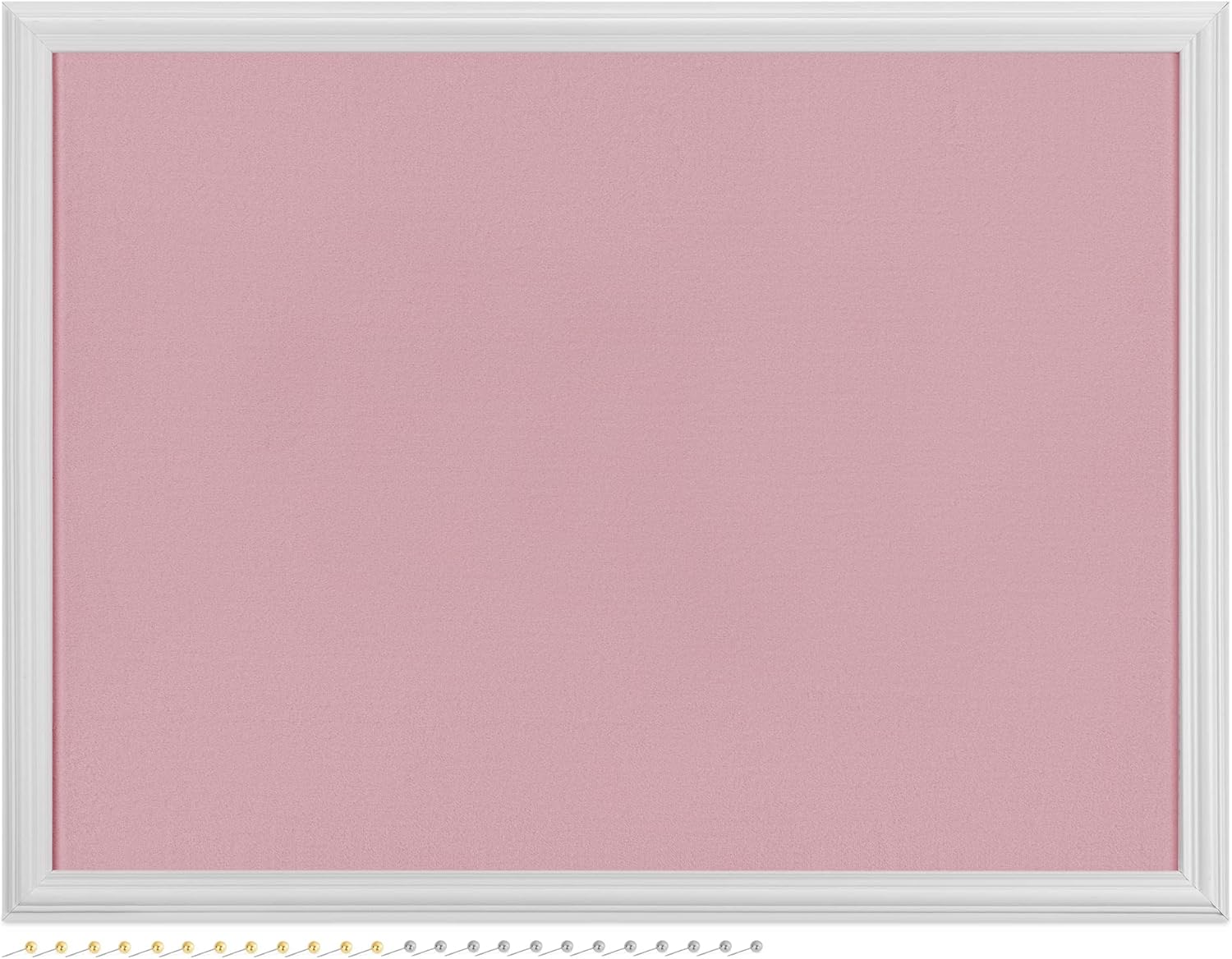 Navaris Framed Fabric Bulletin Board - 18 x 24 Inch Plush Jewelry Organizer Pinboard for Wall - Rose with White Frame - Includes 24 Push Pins