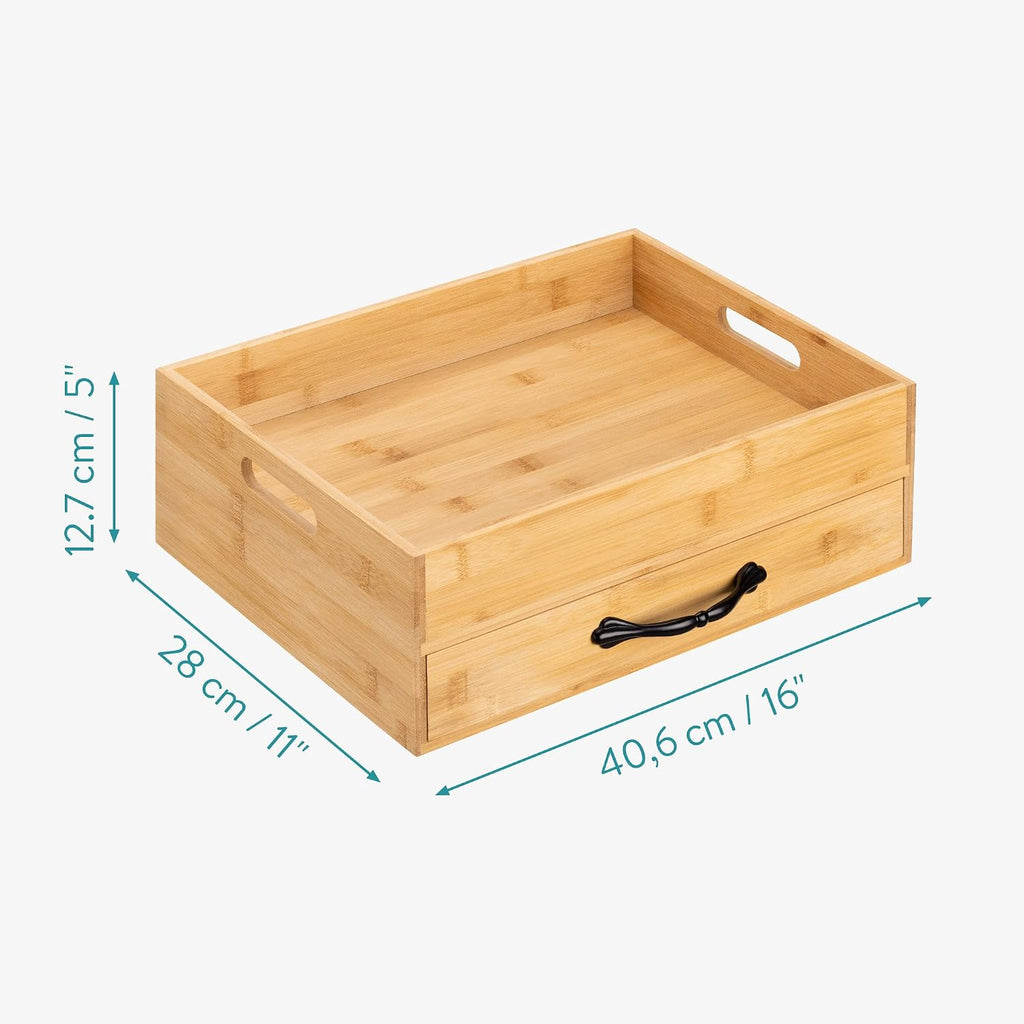 Navaris Bamboo Tea Box & Serving Tray – 12 Compartment Tea Storage Organizer with Removable Carry Tray & Tea Bag Drawer