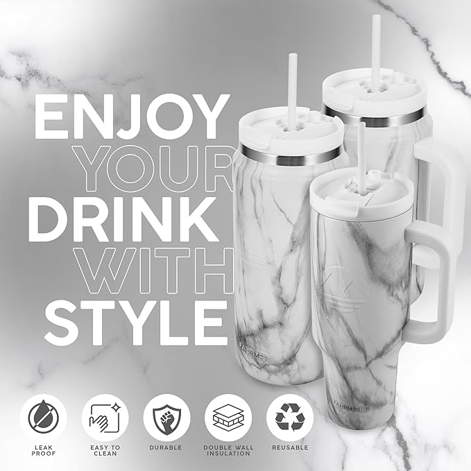 40 oz Insulated Tumbler with Handle & Straw – Cup Holder Friendly Stainless Steel Travel Mug (White Marble)