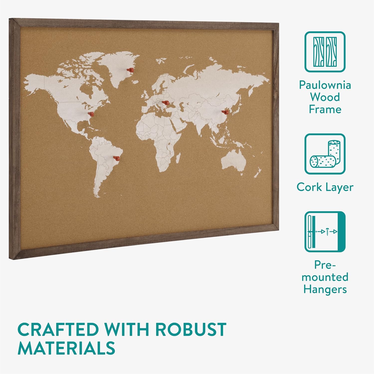Navaris Cork World Map Pinboard with Wood Frame - 70 x 50 cm Travel Bulletin Cork Board - Push Pin World Map Includes Pins