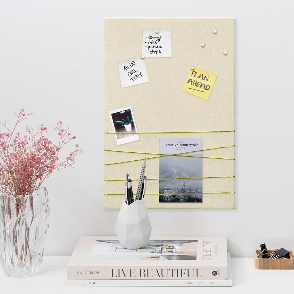Navaris Fabric Memo Bulletin Board - 20 x 28 Inch Velvet Memory Board for Wall - Photo Collage, Notes & Picture Display Board - Beige with 6 Push Pins