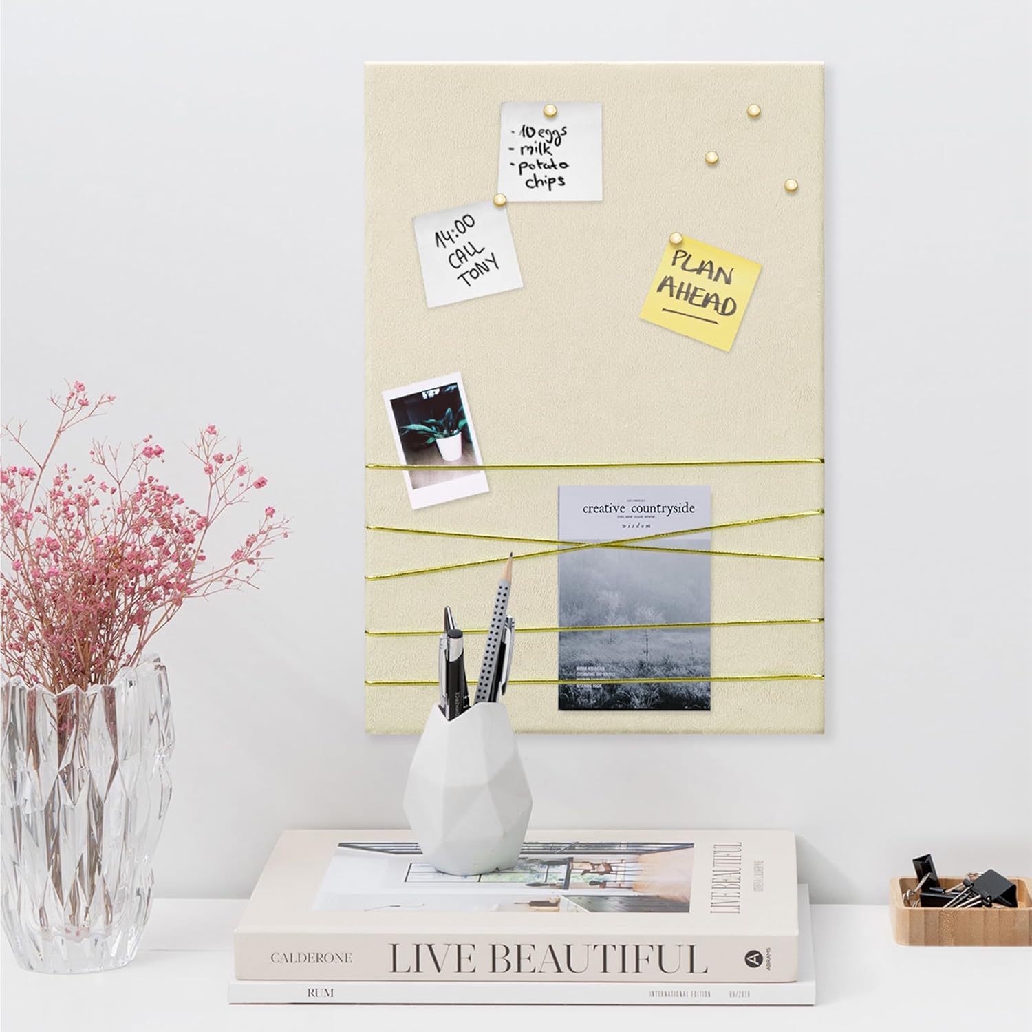Navaris Fabric Memo Bulletin Board - 20 x 28 Inch Velvet Memory Board for Wall - Photo Collage, Notes & Picture Display Board - Beige with 6 Push Pins