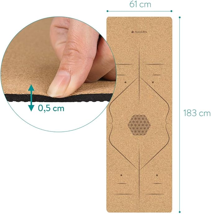 Navaris Cork Yoga Mat with Alignment Lines – Non-Slip Natural Cork Exercise Mat with Carry Strap (72" x 24")