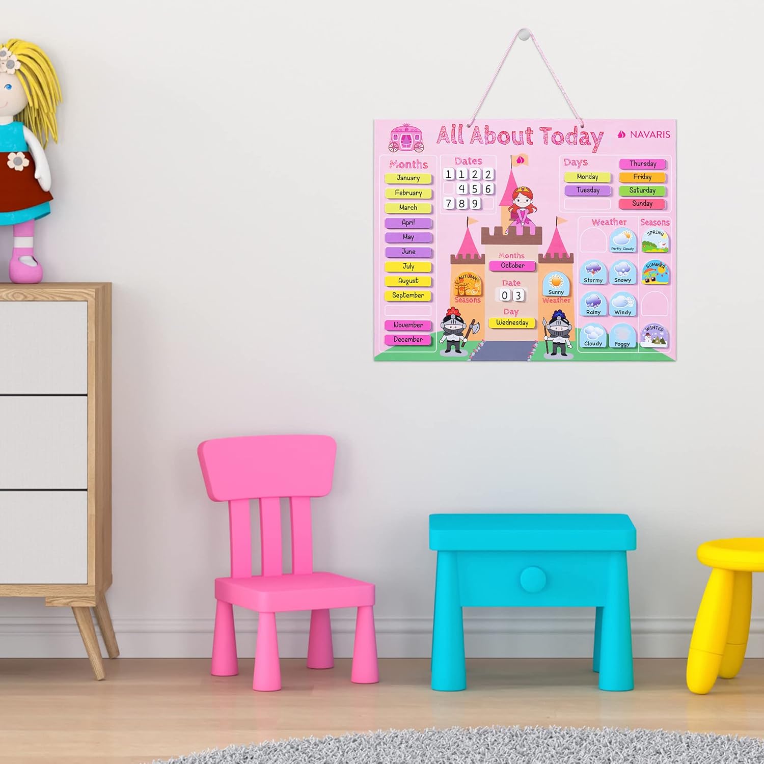 Navaris Kids Magnetic Calendar Board - My First Calendar Educational Wall Chart with Daily Magnet Stickers, Seasons, Weather & Months for Children - Pink Princess