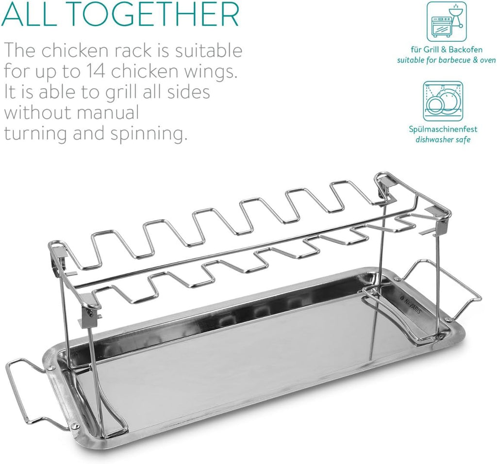 Navaris Stainless Steel Chicken Leg & Wing Rack – 14-Slot BBQ Roaster Stand with Drip Tray for Grill, Smoker & Oven