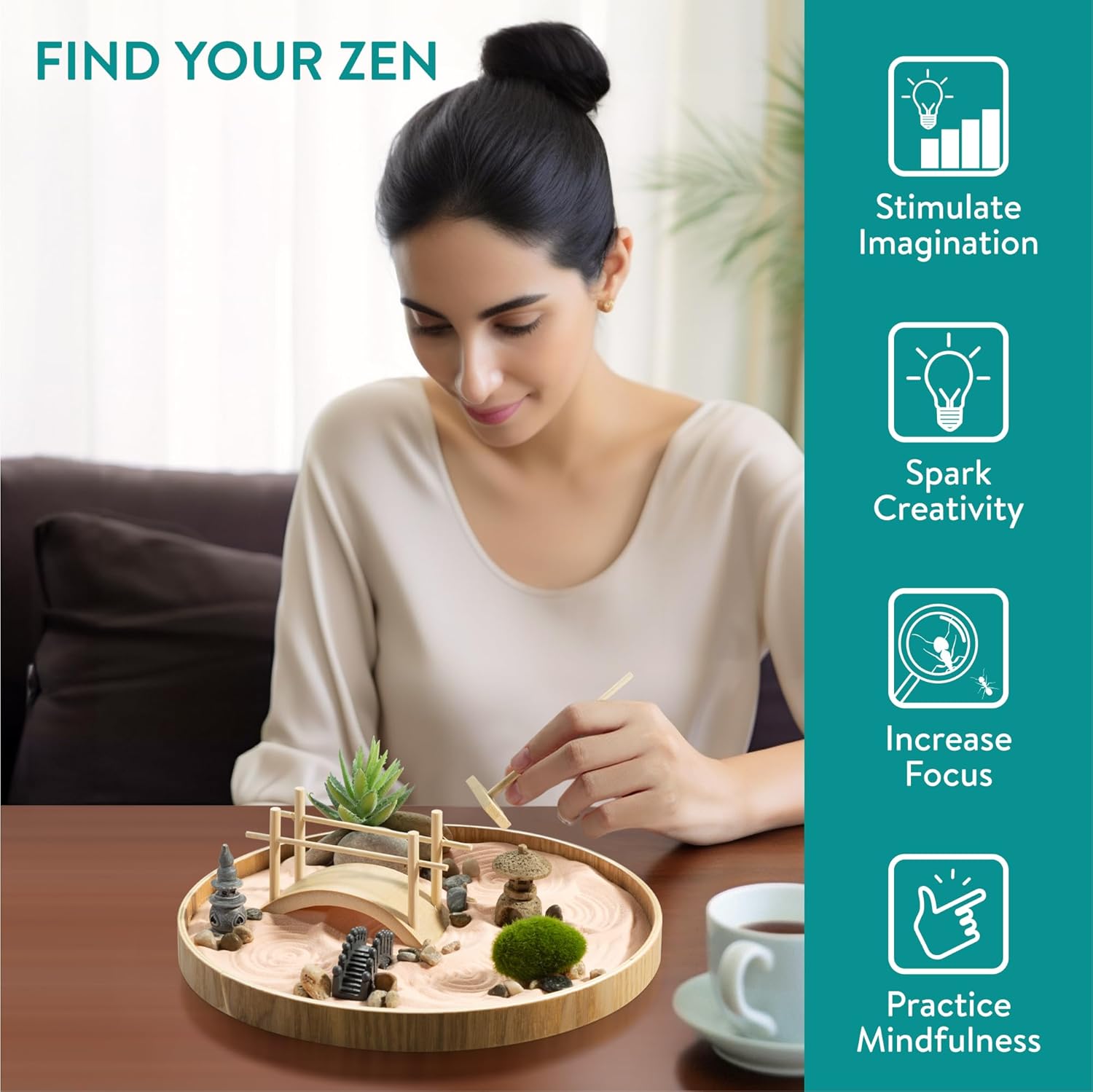 Navaris Zen Garden Kit – Mini Japanese Sand Garden with Pink Sand, Meditation Stones & Decorative Ornaments, Round MDF Tray
