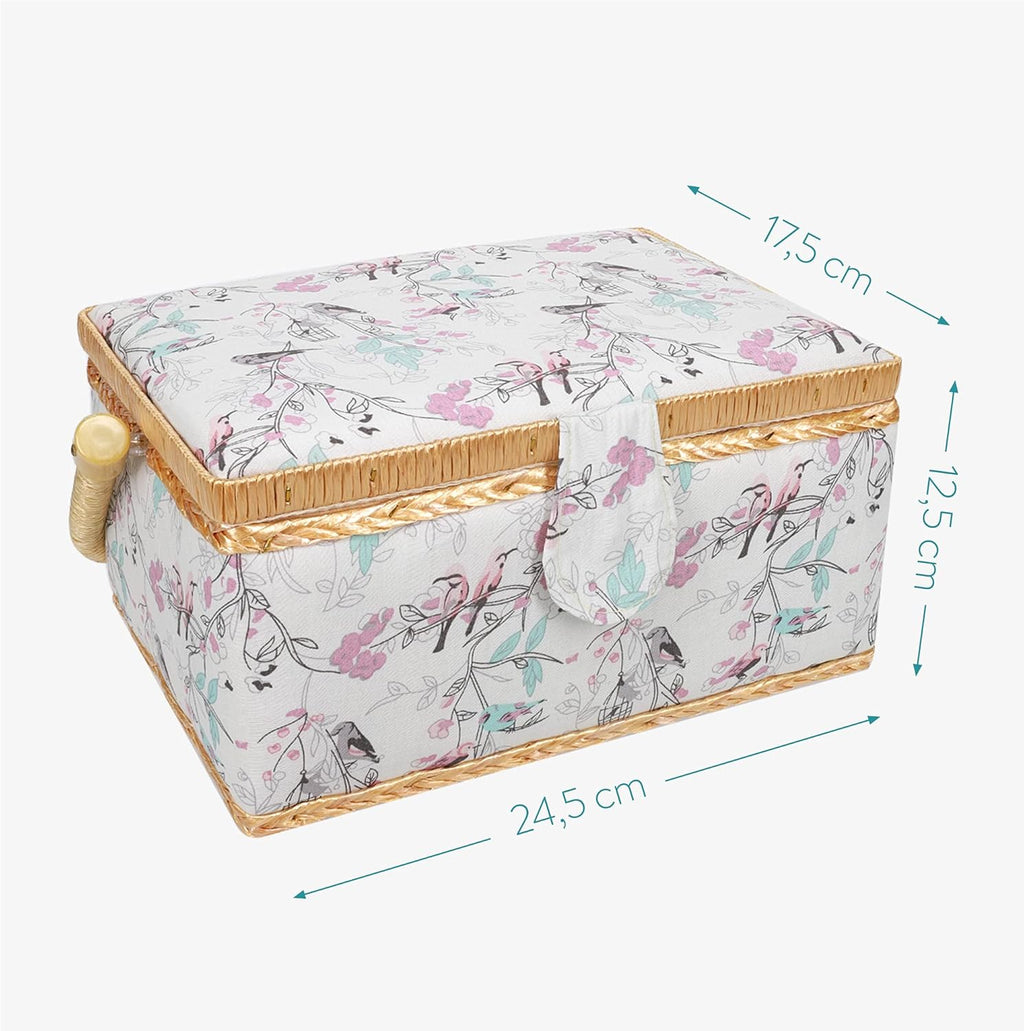 Navaris Sewing Box with 76-Piece Sewing Kit Accessories – Bird Print Sew Basket Organizer with Removable Tray Compartments, 9.7" x 6.9" x 4.9"