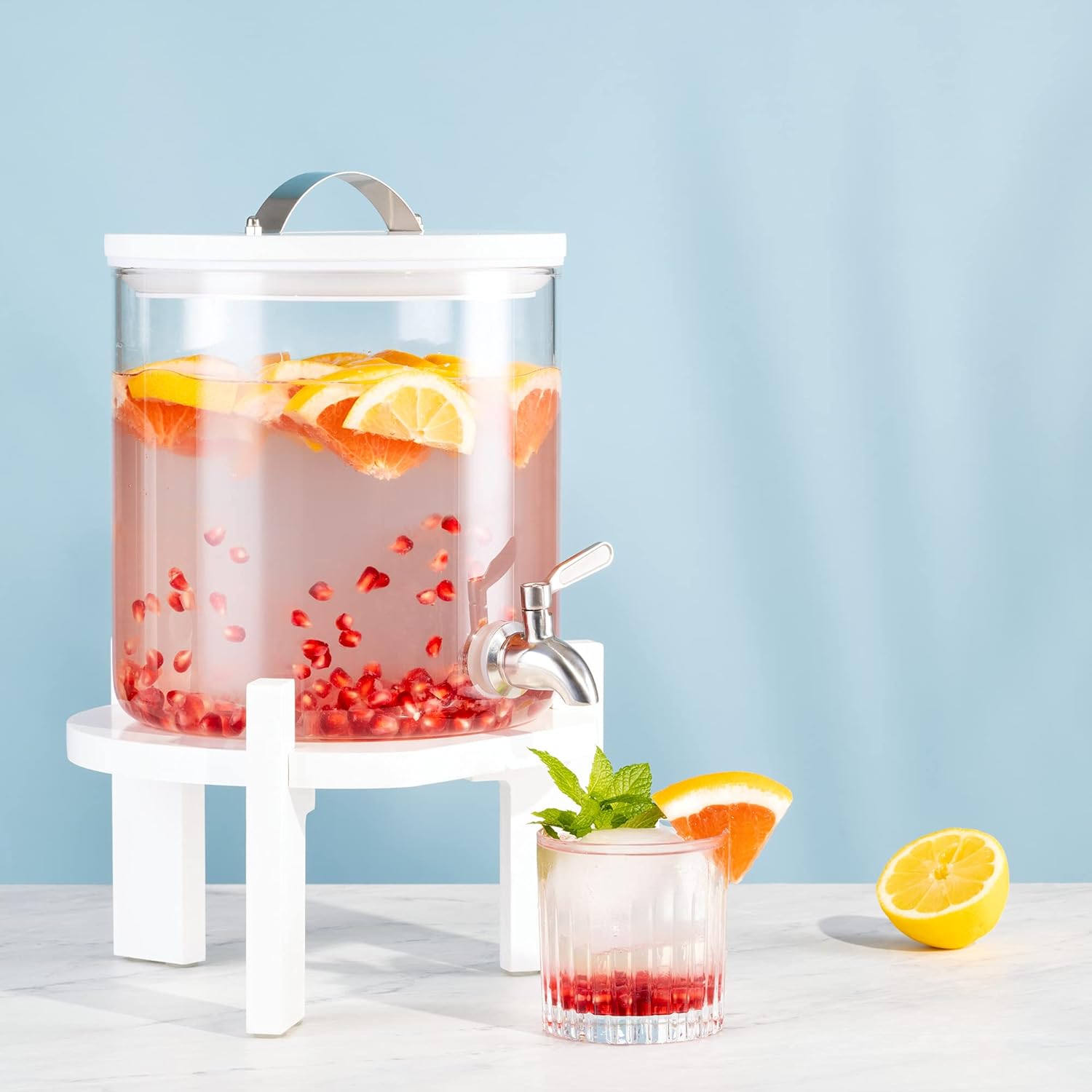 Navaris Beverage Dispenser with Stand – 1.3 Gallon (5L) Glass Drink Dispenser with Stainless Steel Spigot & White Beech Wood Stand