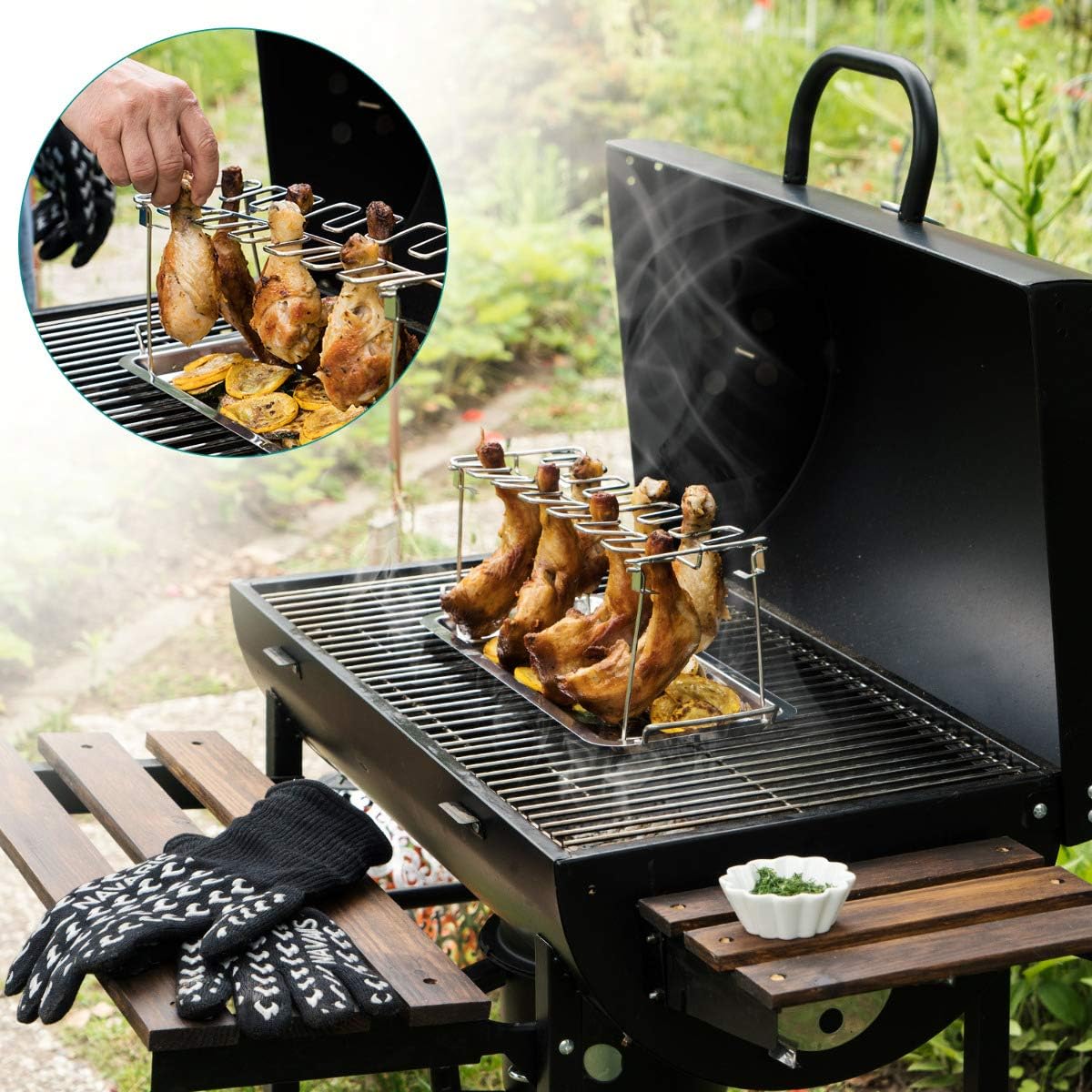 Navaris Stainless Steel Chicken Leg & Wing Rack – 14-Slot BBQ Roaster Stand with Drip Tray for Grill, Smoker & Oven
