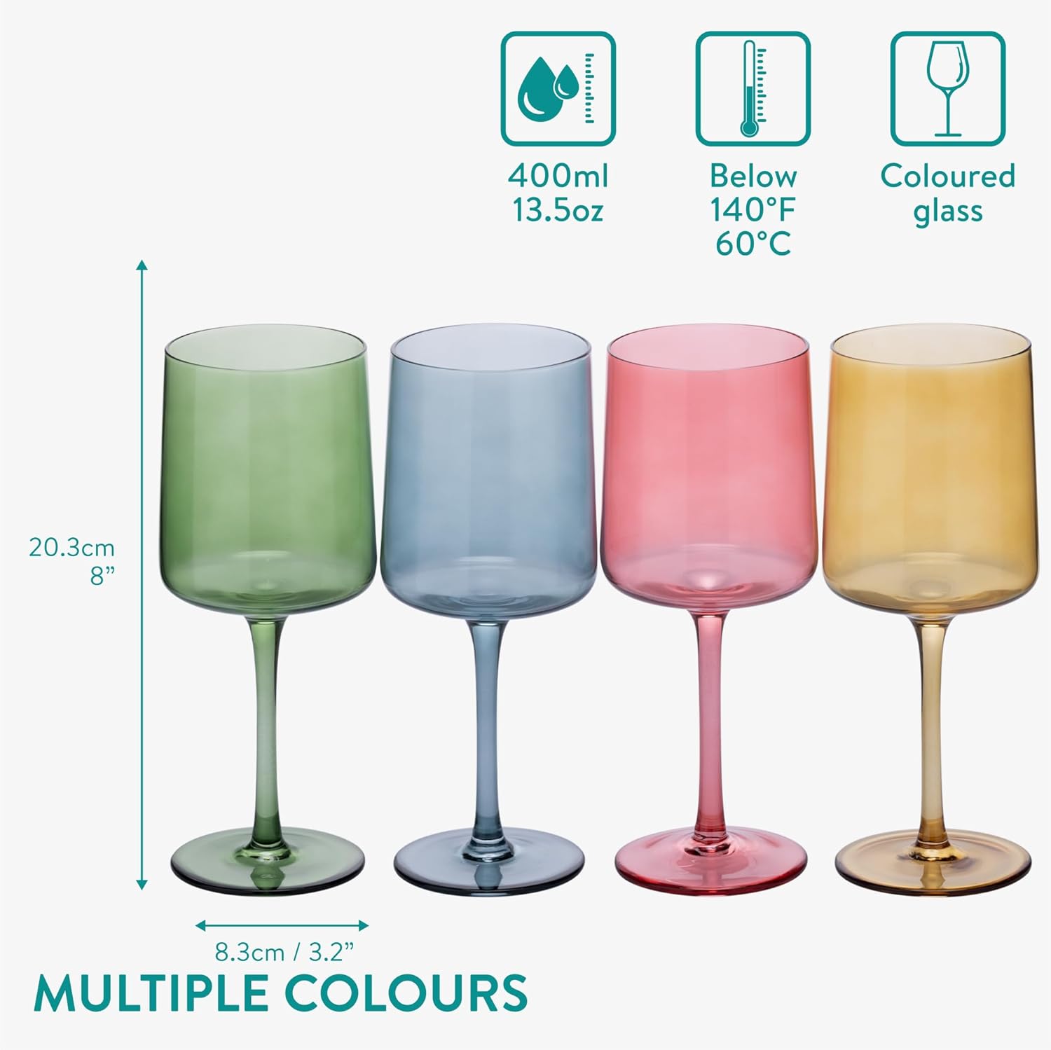 Navaris Multi-Colour Tinted Wine Glasses Set of 4 – 13.5oz Colored Stemmed Glassware for Wine, Cocktails & Desserts