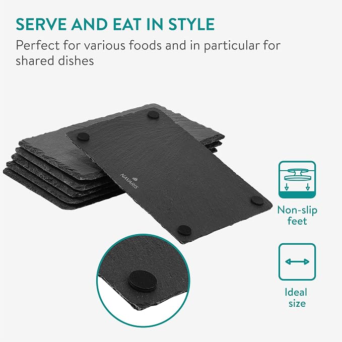 Navaris Slate Plates Set of 6 – Food-Safe Natural Black Slate Cheese & Charcuterie Serving Boards (9.1" x 5.9")