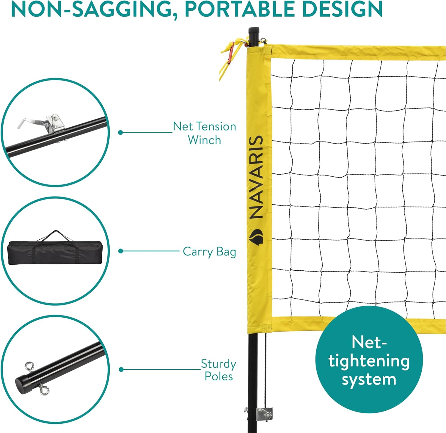 Navaris Portable Volleyball Set – Complete Outdoor Volleyball System with Adjustable Net Height & Carry Bag
