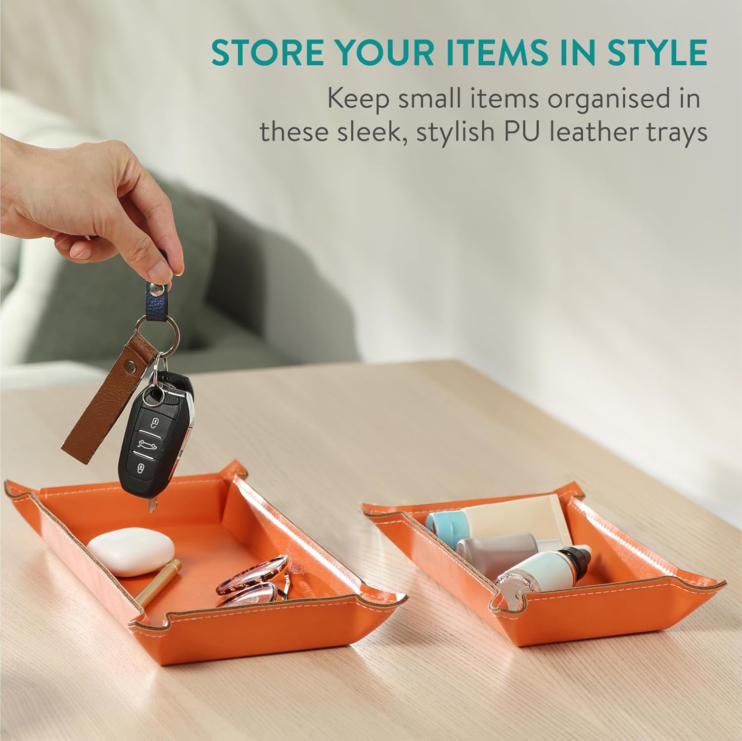 Navaris PU Leather Tray Set - 2 Piece Valet Tray & Trinket Organizer - Key, Watch, Jewelry & Desk Storage Tray Set - Orange