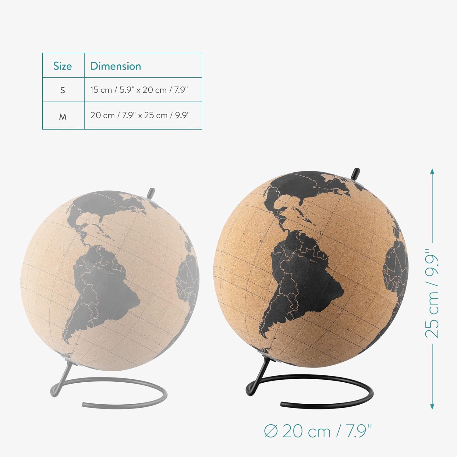 Navaris Cork Globe with Pins - 20 cm (8 Inch) Travel Decor World Map Globe with Push Pin Markers - Includes 10 Wooden Location Pins - Black Print