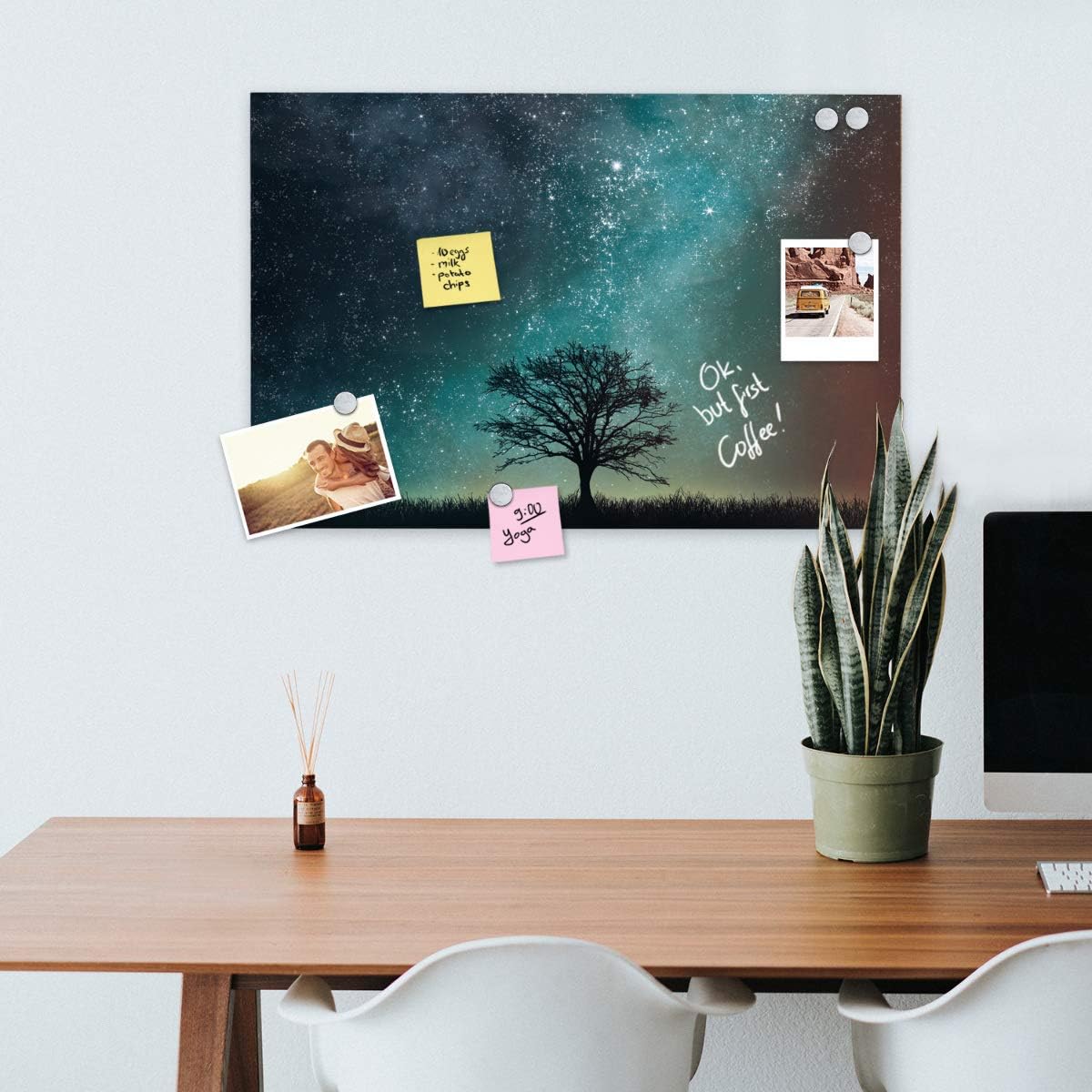 Navaris Magnetic Dry Erase Whiteboard – 16 x 24 Inch Decorative Wall White Board with Starry Sky & Tree Design, Marker and 5 Magnets Included