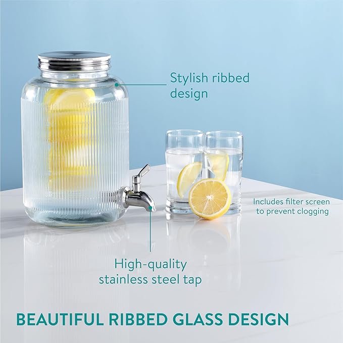 Navaris Glass Drink Dispenser with Spout – 4L (1 Gallon) Mason Jar Beverage Dispenser with Fruit & Ice Infuser for Parties
