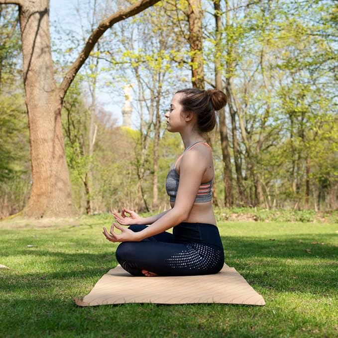 Navaris Cork Yoga Mat with Alignment Lines – Non-Slip Natural Cork Exercise Mat with Carry Strap (72" x 24")