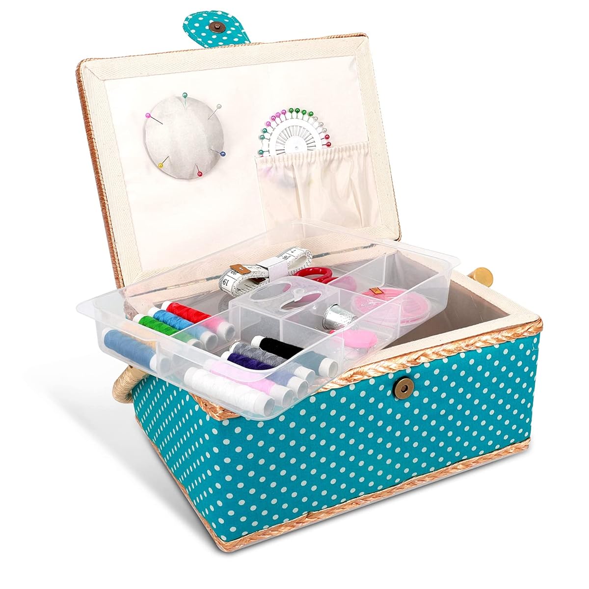 Navaris Sewing Box with 76-Piece Sewing Kit Accessories – Dotted Print Sew Basket Organizer with Removable Tray Compartments, 9.7" x 6.9" x 4.9"