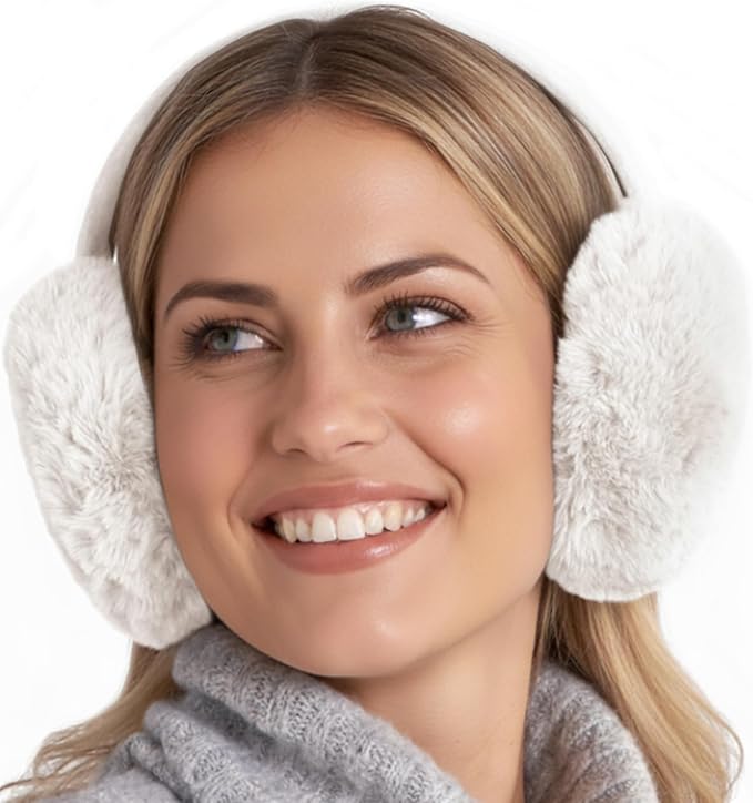 Brook + Bay Foldable Faux Fur Earmuffs - Adjustable Velvet Lined Ear Warmers for Women, Men & Kids - White