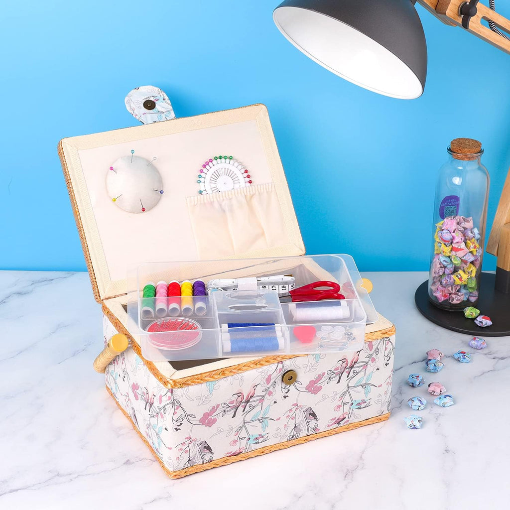 Navaris Sewing Box with 76-Piece Sewing Kit Accessories – Bird Print Sew Basket Organizer with Removable Tray Compartments, 9.7" x 6.9" x 4.9"