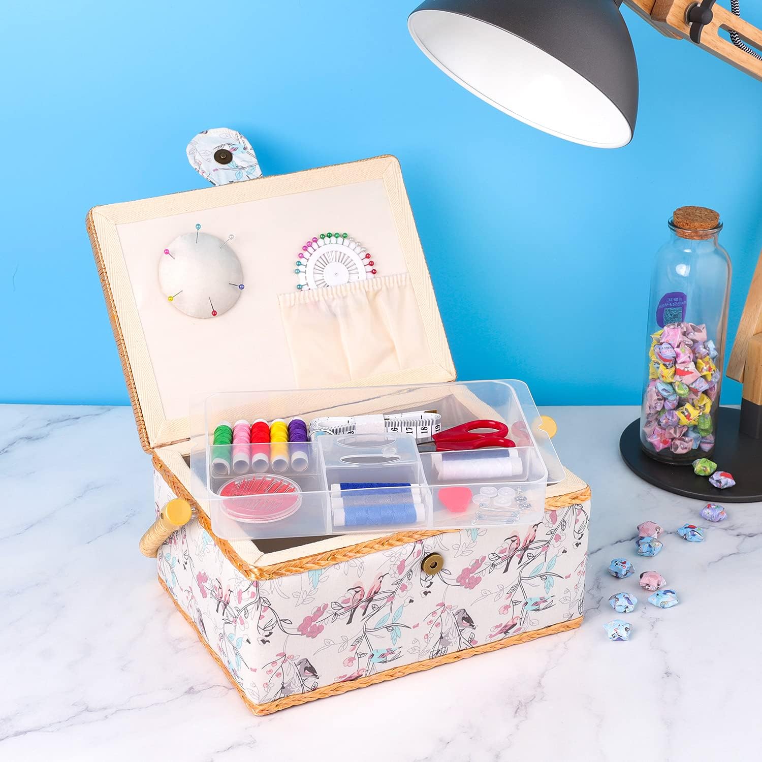 Navaris Sewing Box with 76-Piece Sewing Kit Accessories – Bird Print Sew Basket Organizer with Removable Tray Compartments, 9.7" x 6.9" x 4.9"