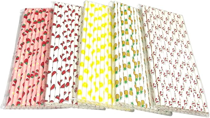 50PCS Biodegradable Paper Drinking Straws – Eco-Friendly Fruit Pattern (Watermelon Design) for Cocktails, Coffee & Cold Drinks
