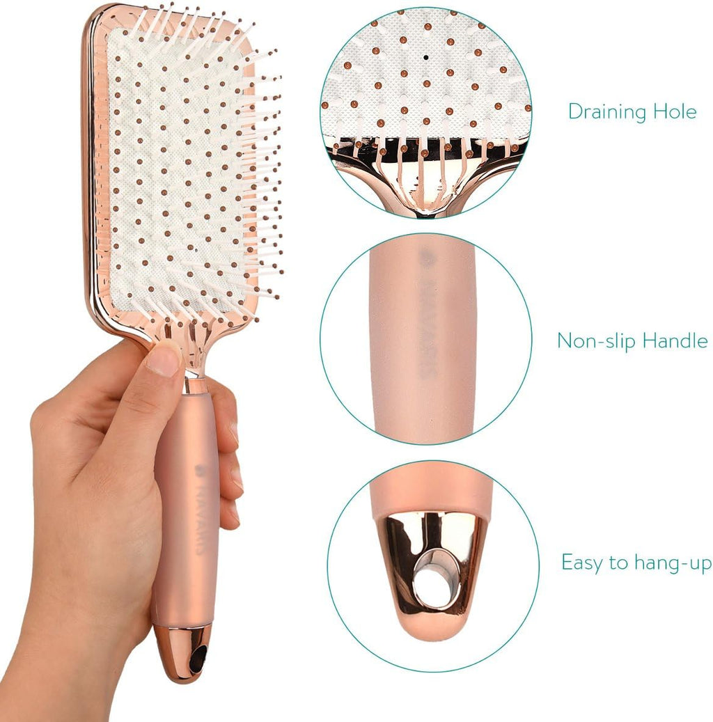 Navaris Paddle Hair Brush - Large Detangling & Styling Hairbrush with Comfort Gel Handle - Rose Gold & White - 26 x 8.5 cm