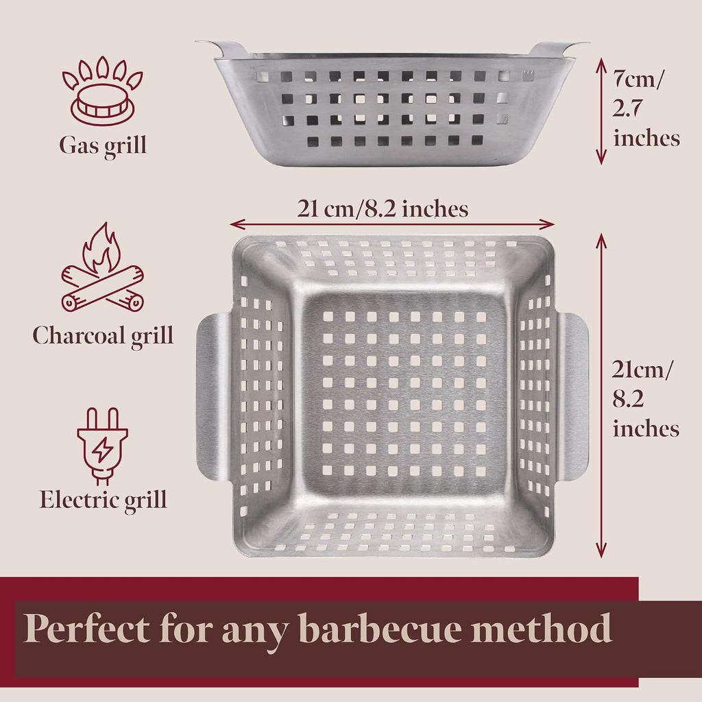 GOURMEO Stainless Steel Grill Basket – 8.2" x 8.2" x 2.7" BBQ Grilling Basket for Vegetables, Fish & Meat