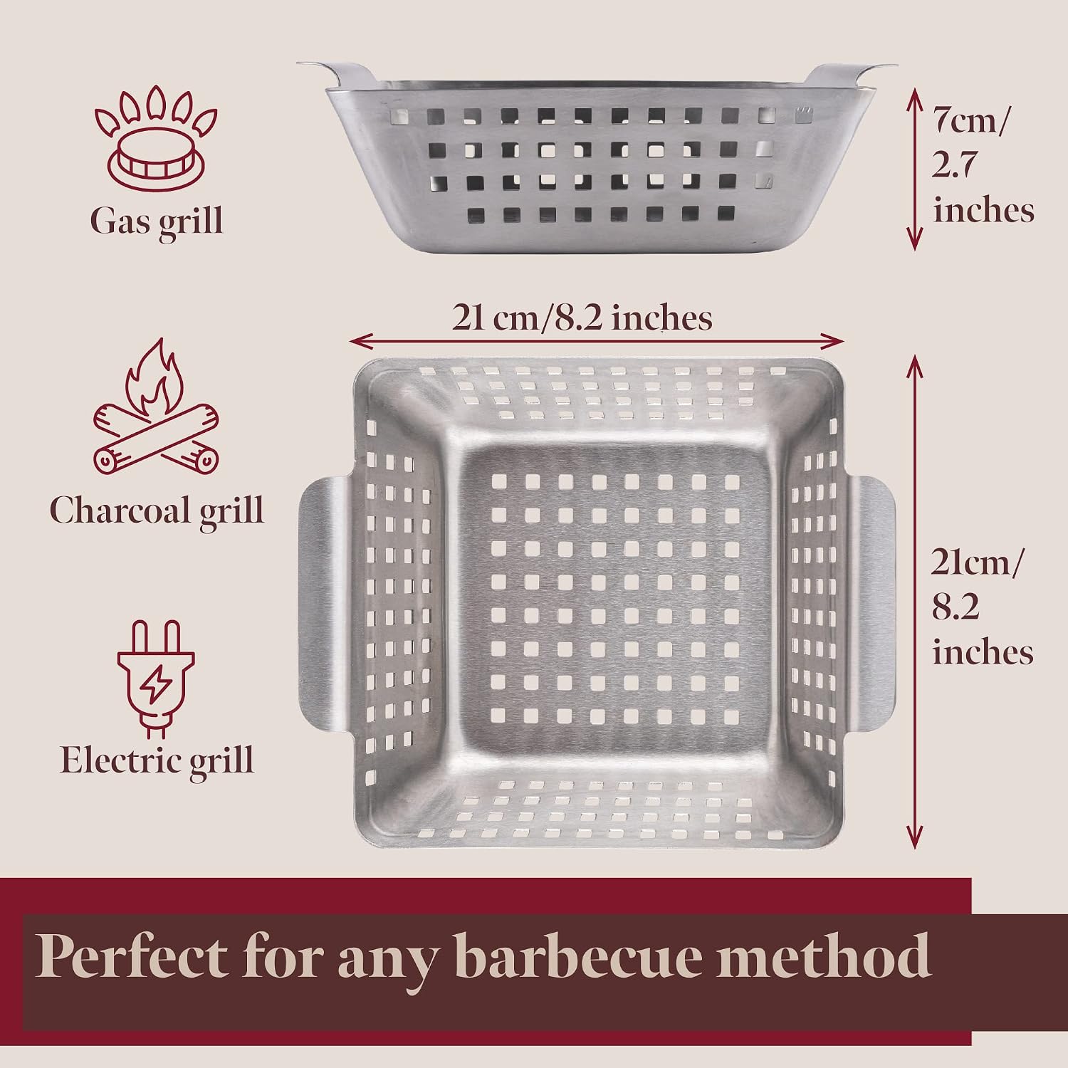 GOURMEO Stainless Steel Grill Basket – 8.2" x 8.2" x 2.7" BBQ Grilling Basket for Vegetables, Fish & Meat