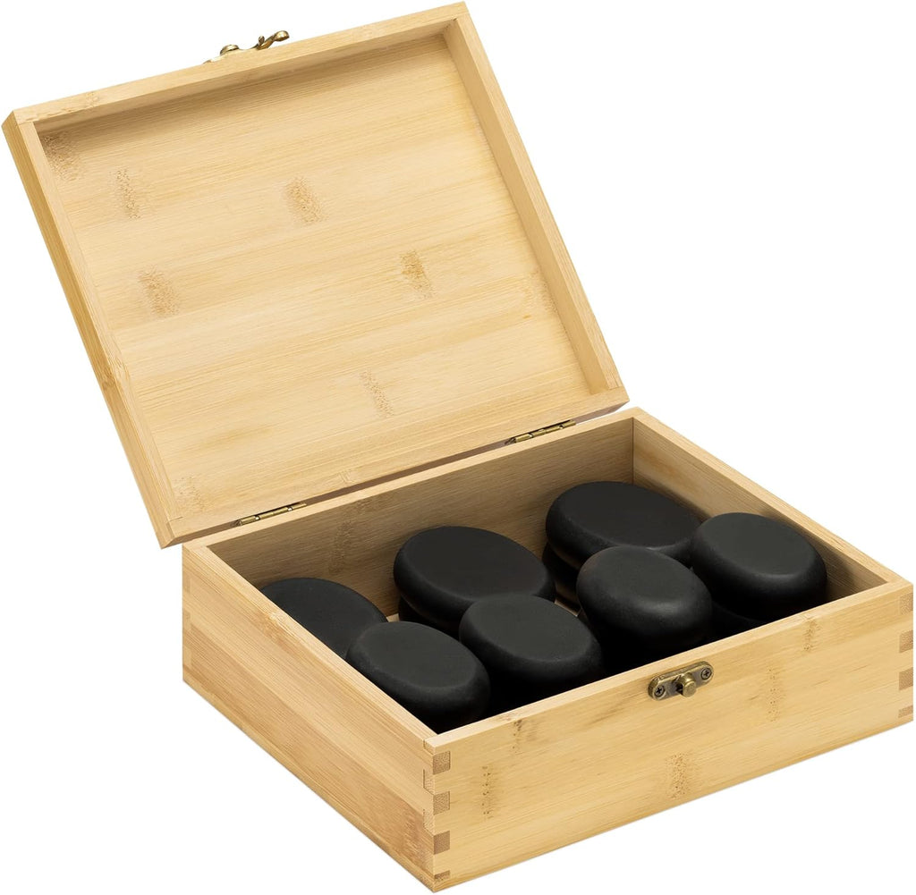 Navaris Hot Massage Stones Set of 18 – Professional Basalt Stone Therapy Kit with Bamboo Storage Box