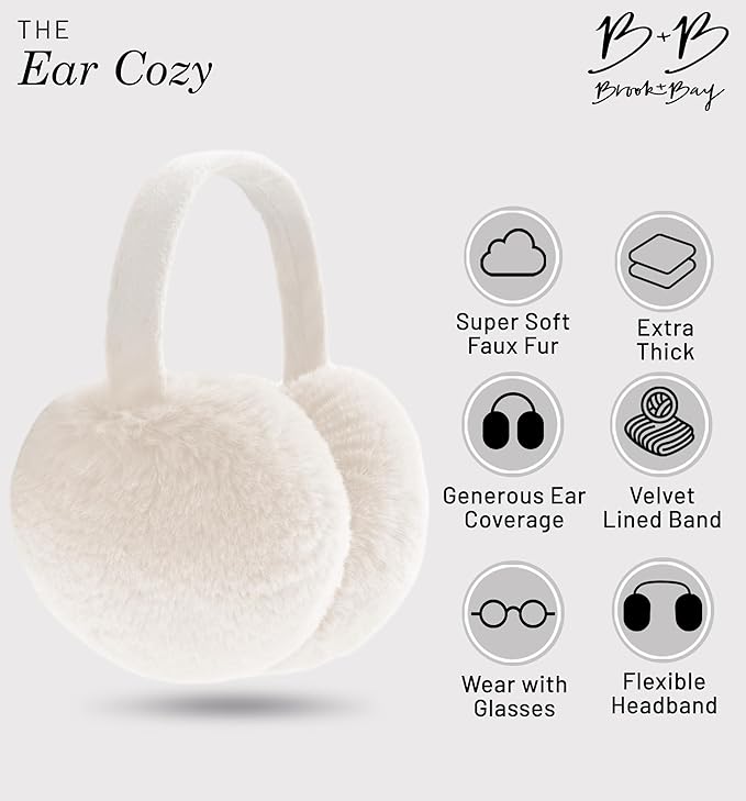 Brook + Bay Foldable Faux Fur Earmuffs - Adjustable Velvet Lined Ear Warmers for Women, Men & Kids - White