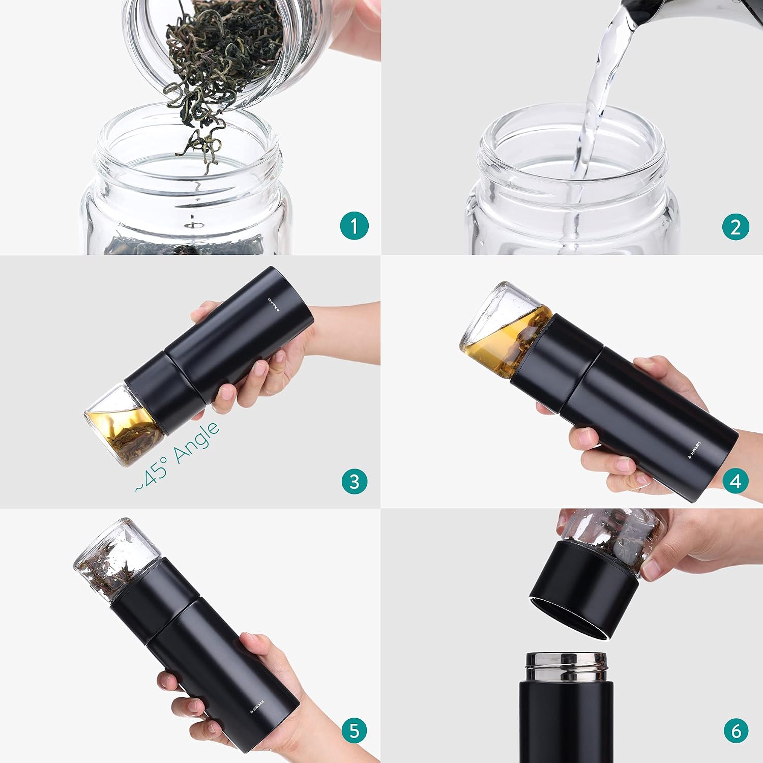 Navaris Steel Tea Bottle 300ml – Insulated Stainless Steel Tea Infuser Bottle with Glass Lid for Tea & Coffee On-the-Go – Black