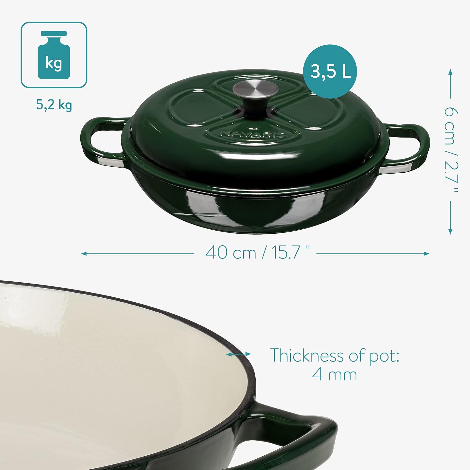 Navaris Dutch Oven Pan with Lid – 3.7 QT Enameled Cast Iron Skillet, Covered Round Casserole Pot, Induction Safe – Dark Green