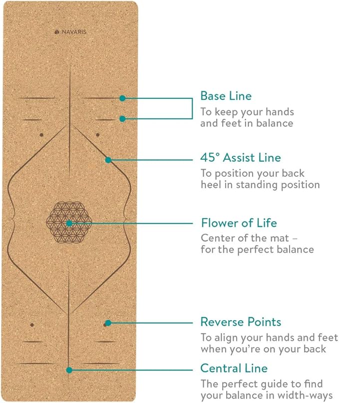 Navaris Cork Yoga Mat with Alignment Lines – Non-Slip Natural Cork Exercise Mat with Carry Strap (72" x 24")