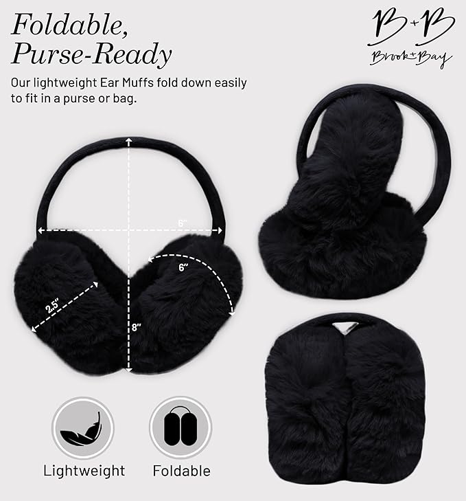 Brook + Bay Foldable Faux Fur Earmuffs - Adjustable Velvet Lined Ear Warmers for Women, Men & Kids - Black