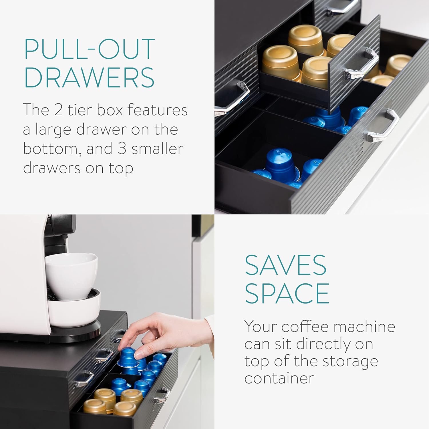 Navaris Coffee Pod Holder with 4 Drawers – 2-Tier Coffee Capsule Storage Organizer Compatible with Nespresso, K-Cups, CBTL & Verismo – Black