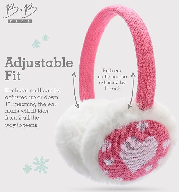Brook + Bay Kids Plush Animal Earmuffs - Cozy Winter Ear Warmers for Boys & Girls - Light Pink Hearts