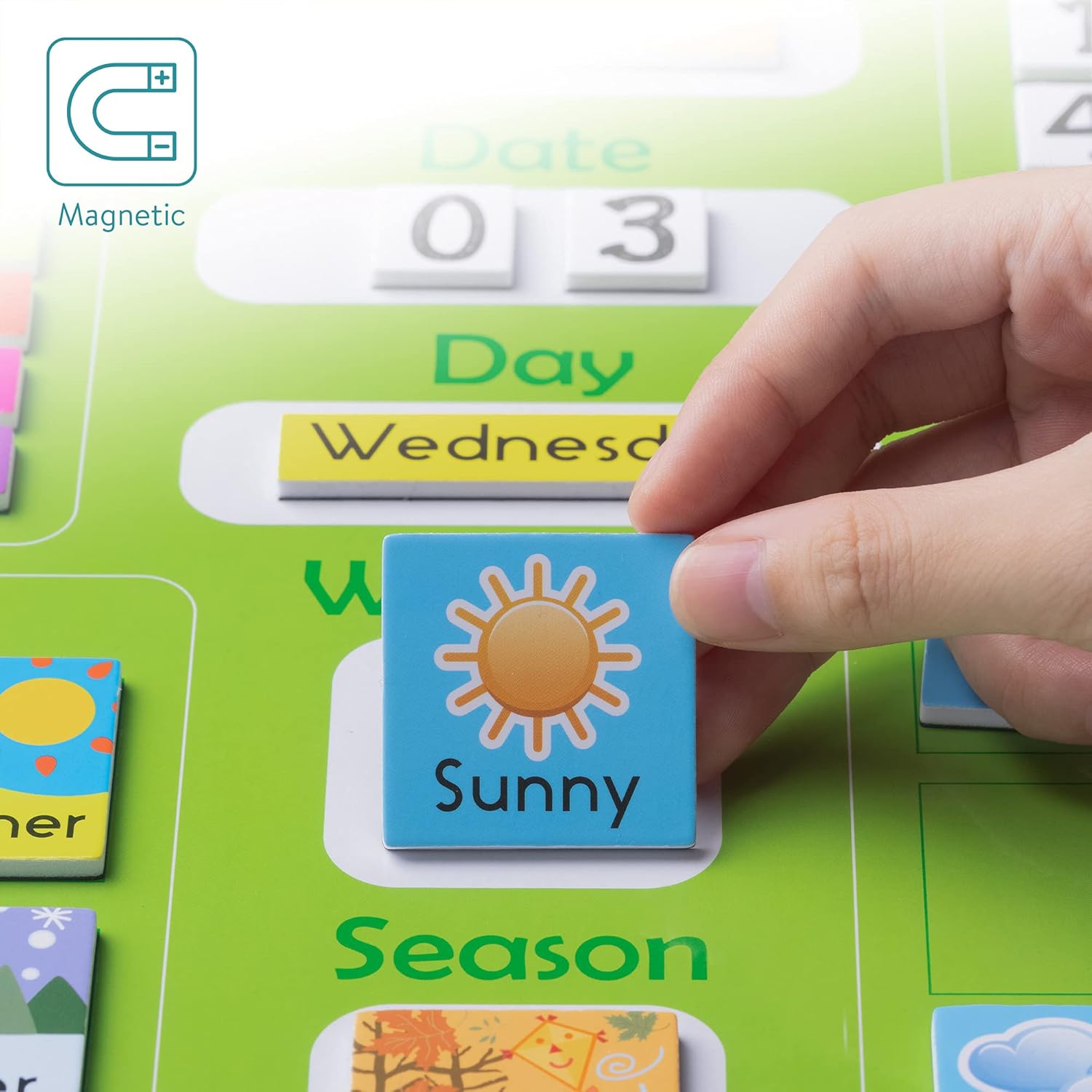 Navaris Kids Magnetic Calendar - Educational Learning Wall Board for Children with Weather, Date, Month, Day & Season Activities - Green