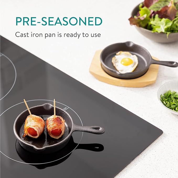 Navaris Mini Cast Iron 4" Skillet with Wooden Base (Set of 2) - Cast Iron Frying Pan Mini Skillet with Protective Wood Base - Heavy Duty Metal Skillet Weighing 426g