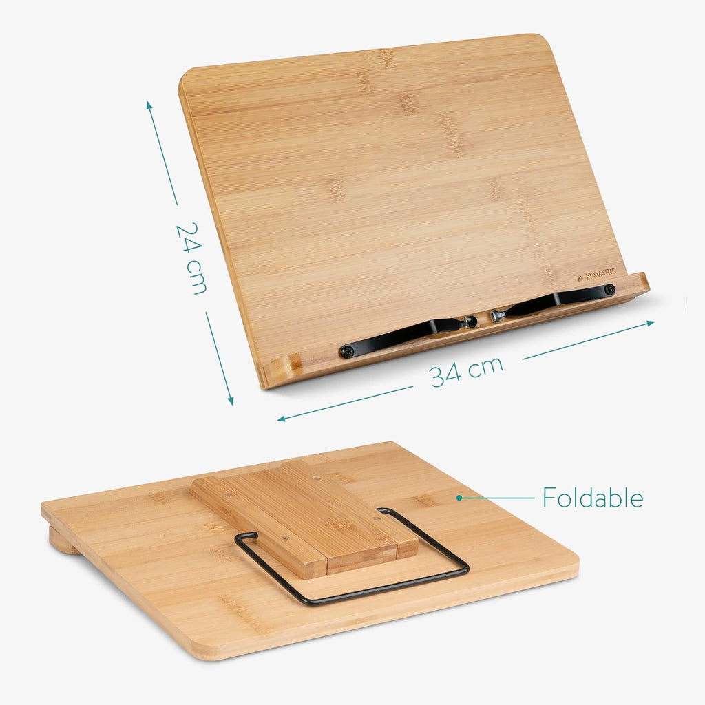Navaris Bamboo Book Stand – Hands-Free Cookbook, Recipe & Tablet Holder with Adjustable Page Clips, Brown (33 x 24 cm)