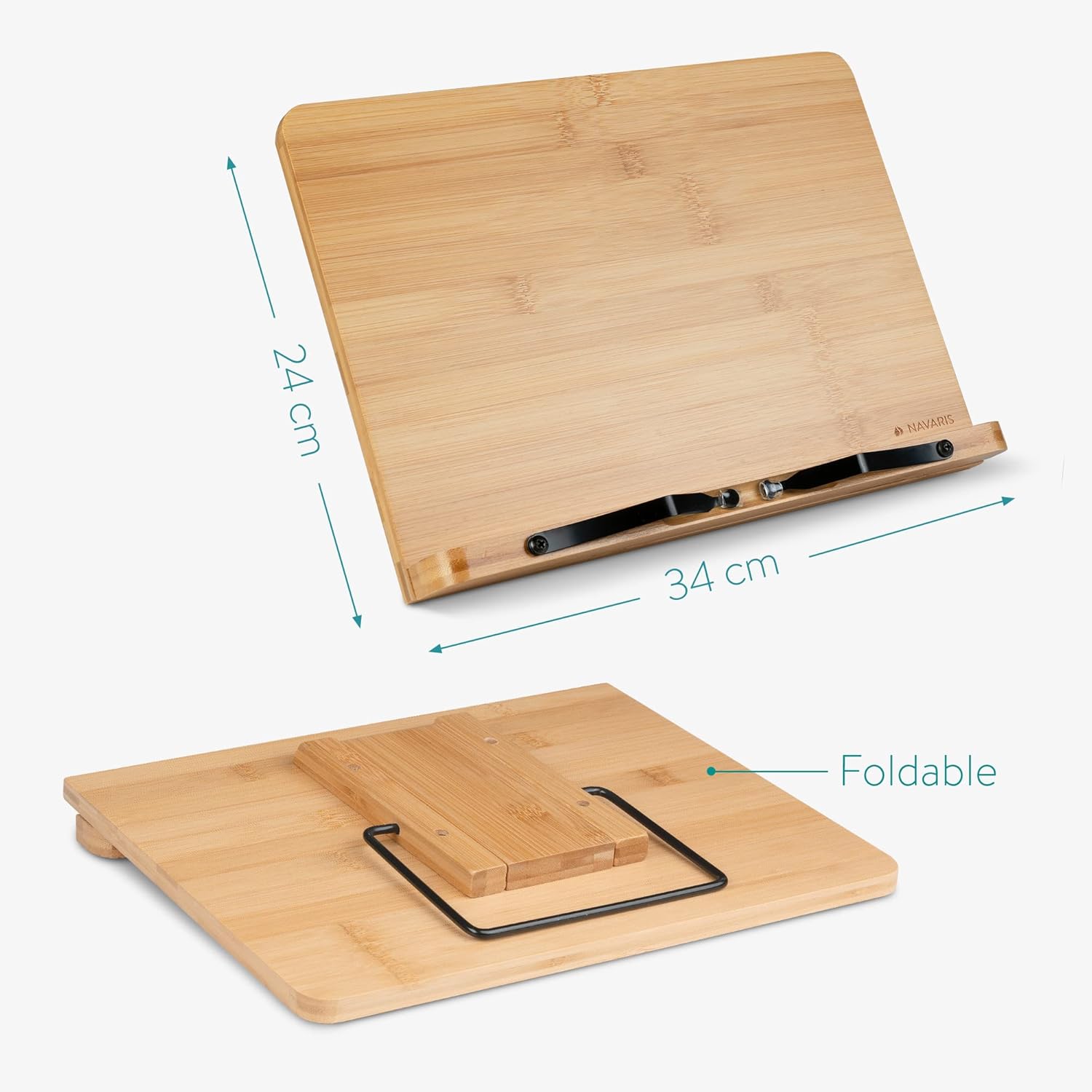 Navaris Bamboo Book Stand – Hands-Free Cookbook, Recipe & Tablet Holder with Adjustable Page Clips, Brown (33 x 24 cm)