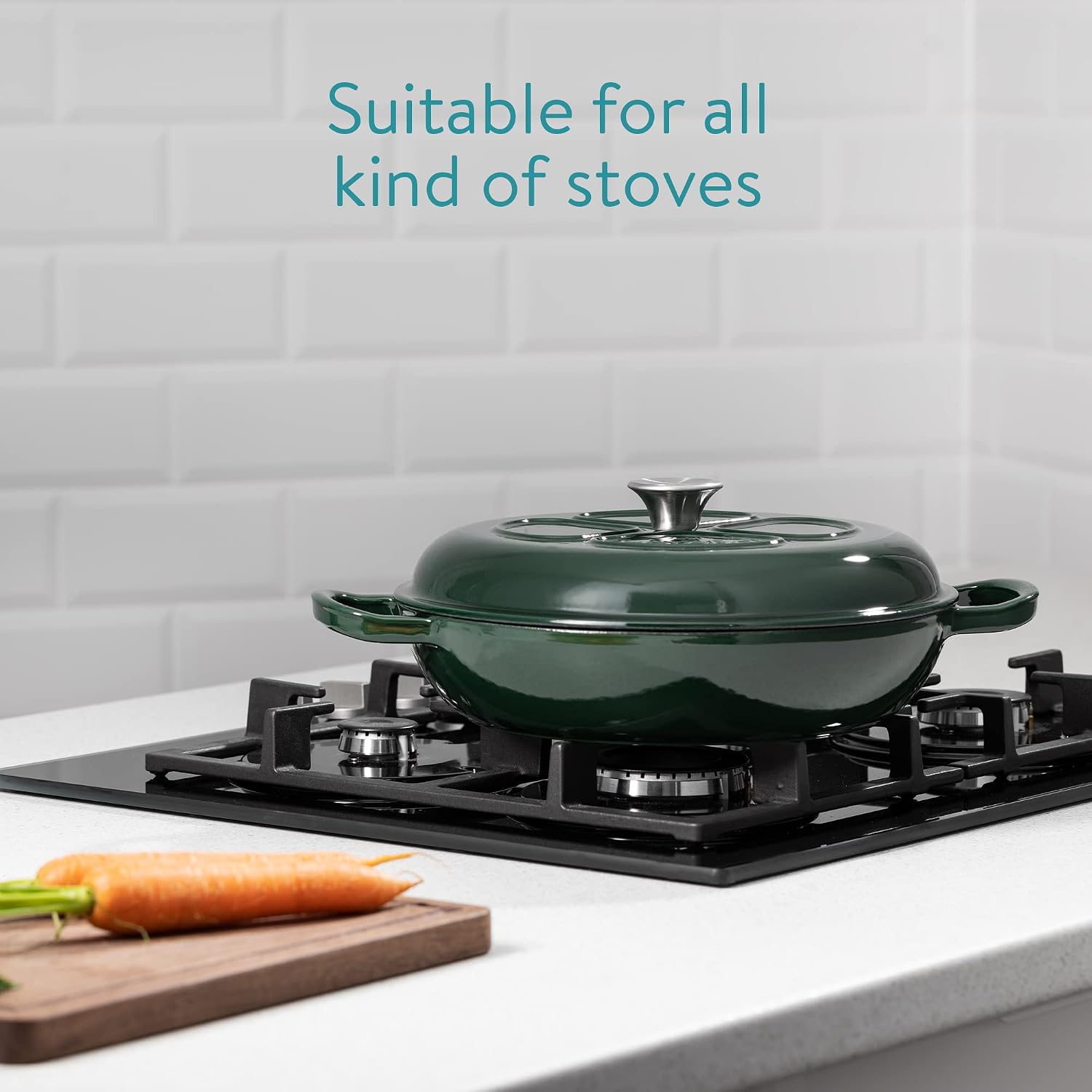 Navaris Dutch Oven Pan with Lid – 3.7 QT Enameled Cast Iron Skillet, Covered Round Casserole Pot, Induction Safe – Dark Green