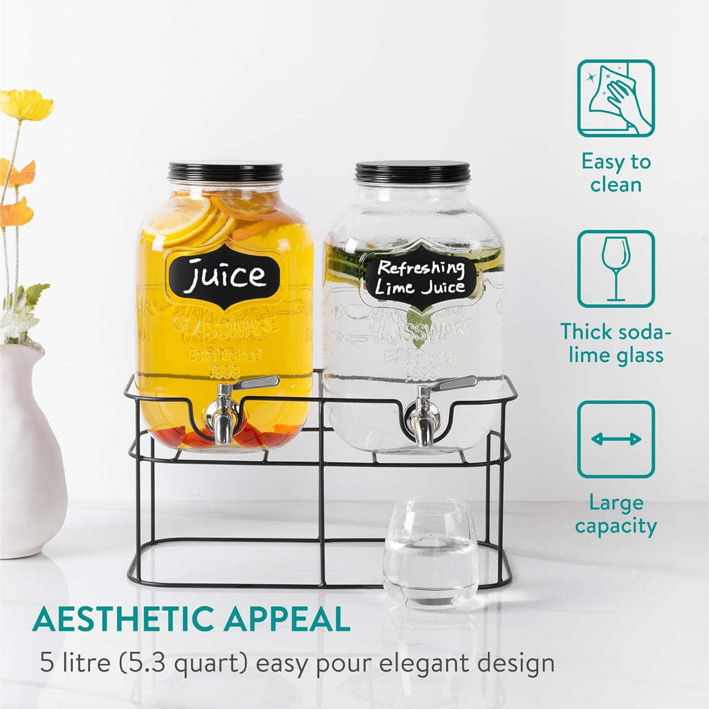 Navaris Glass Double Jar Drink Dispenser with Tap & Metal Stand – Dual 5L Beverage Dispensers for Water, Lemonade, Cocktails & Parties