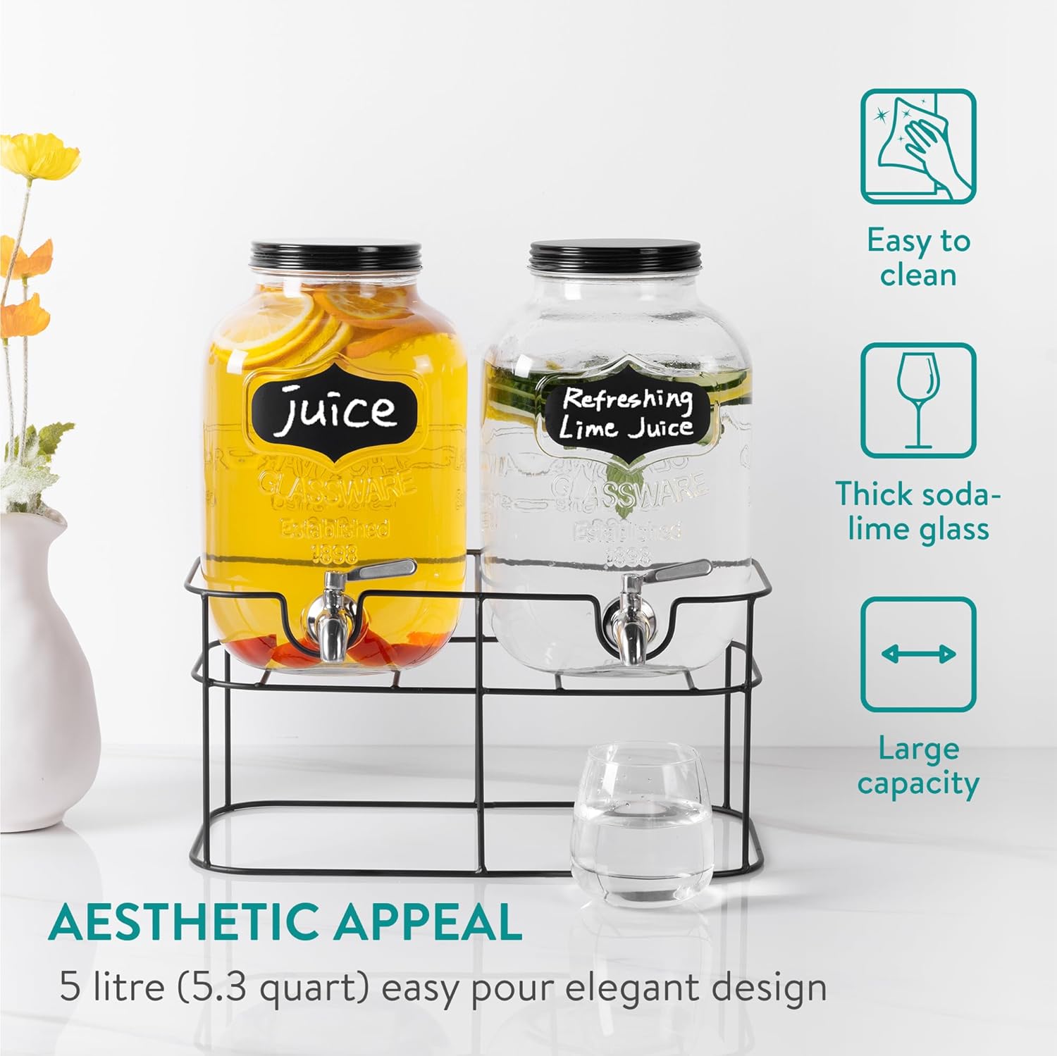 Navaris Glass Double Jar Drink Dispenser with Tap & Metal Stand – Dual 5L Beverage Dispensers for Water, Lemonade, Cocktails & Parties