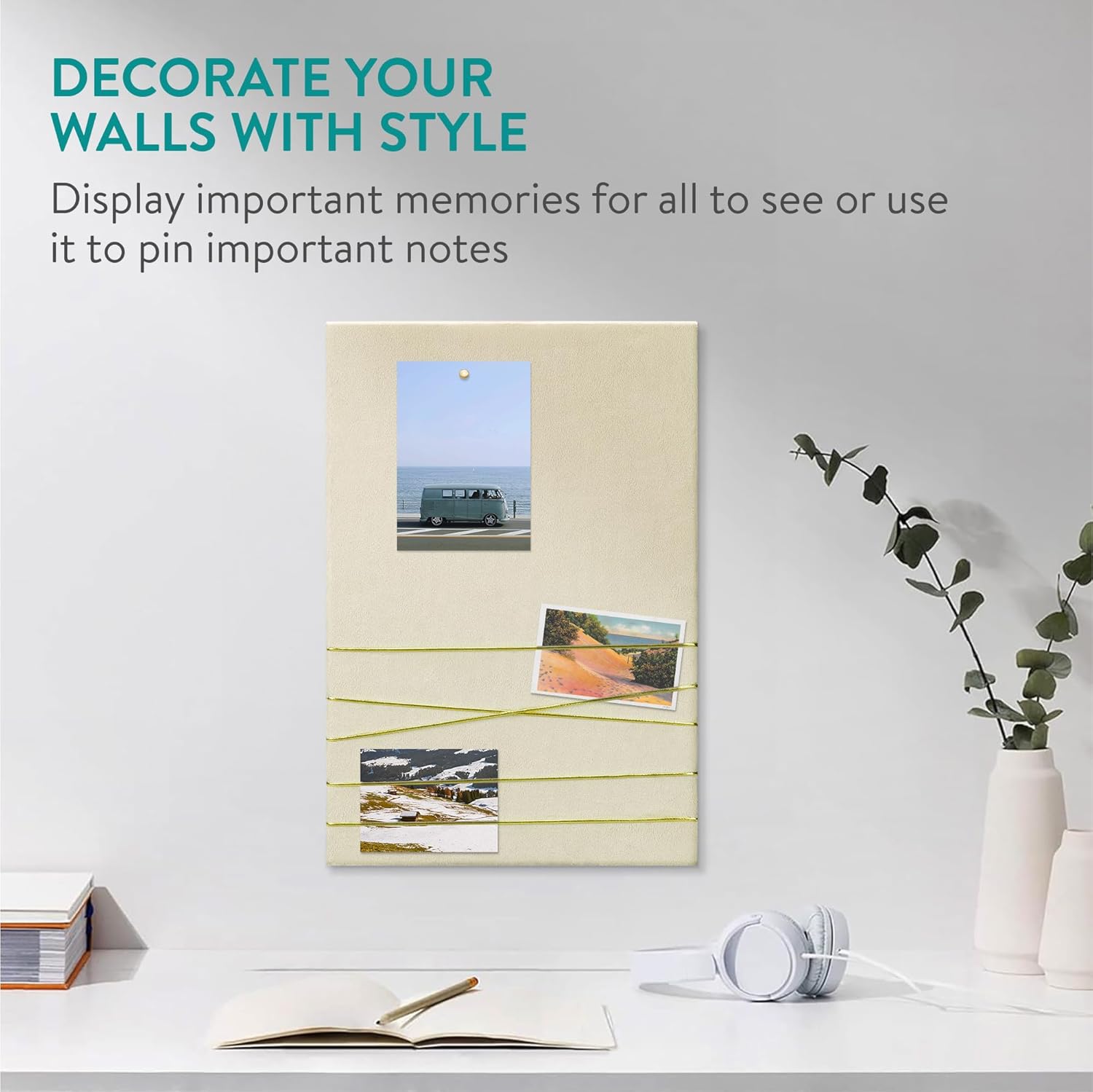 Navaris Fabric Memo Bulletin Board - 20 x 28 Inch Velvet Memory Board for Wall - Photo Collage, Notes & Picture Display Board - Beige with 6 Push Pins